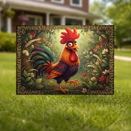 Cartoon Rooster Garden Foliage - Farmhouse Decor Gift for Rooster Lovers Yard Sign