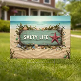 Salty Life Text Starfish Seashells - Beach Life Coastal Home Decor Gift Yard Sign