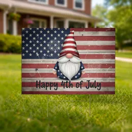 Gnome American Flag Sparkling Stars Aged Wood - Happy 4th of July Celebration Yard Sign