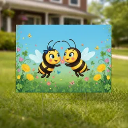 Two Cartoon Bees Butterflies Garden Wildflowers - Outdoor Decor Gift for Bee Lovers Yard Sign