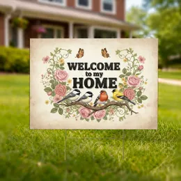 Welcome Home Text Songbirds Flowers Butterflies - Everyday Outdoor Decor Bird Lover Gift Yard Sign