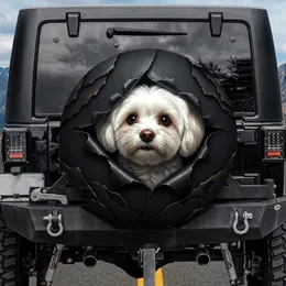 Curious Fluffy Maltese Dog Peeking Torn Metallic Plate - Pet Lover Gift for Car Owners Spare Tire Cover