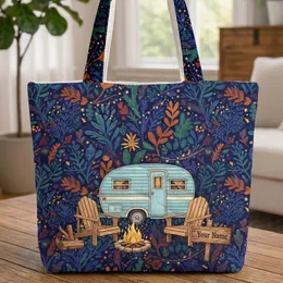 Camper Trailer Adirondack Campfire Night Forest Stars Outdoors Travel Essentials Quilted Tote Bag