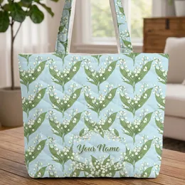 Personalized Name Lily of the Valley Floral Wreath Bouquet - Everyday Carry Gift Quilted Tote Bag
