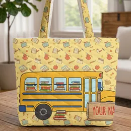 School Bus Books Apples Pencils Back to School Everyday Carry Gift Quilted Tote Bag