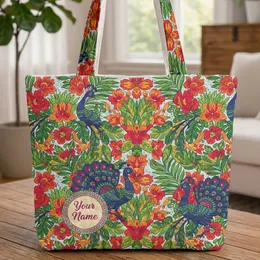Custom Name Peacocks Tropical Flowers - Everyday Carry Gift Quilted Tote Bag