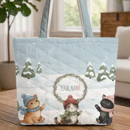 Kittens Snowy Landscape Wreath Name - Personalized Everyday Carry Cat Lover Gift Quilted Tote Bag
