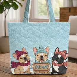 French Bulldog Winter Hats Scarves Snowy Scene Everyday Carry Gift for Dog Lovers Quilted Tote Bag