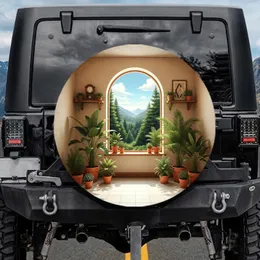 Sun-Drenched Arched Window Forest Mountain View Indoor Garden - Home Decor Gift Spare Tire Cover