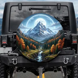 Snow-capped Mountain Range Evergreen Forest Autumn Trees Full Moon - Nature Lover Gift Spare Tire Cover