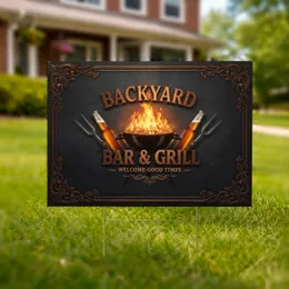 Backyard Bar & Grill Sign, Realistic BBQ Grill, Beer Bottles - Outdoor Entertaining Decor Yard Sign