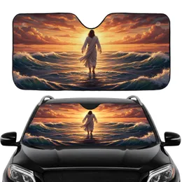 Majestic Jesus Walking on Water Turbulent Ocean, Golden Red Sunset - Car Interior Upgrade Car Sunshade