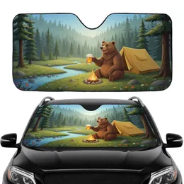 Brown Grizzly Bear Beer Toast Campfire Forest Riverbank - Travel Essentials for Camper Car Sunshade