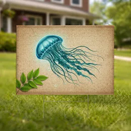 Bioluminescent Teal Jellyfish Aged Parchment Ocean Decor Gift for Ocean Lover Yard Sign