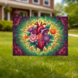 Stained Glass Anatomical Heart Botanical Floral - Garden Decor Gift Yard Sign