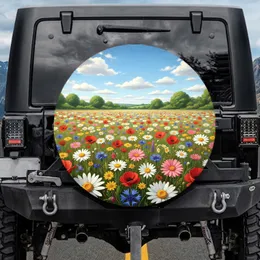 Vast Wildflower Field Densely Packed Blooms Green Trees Blue Sky Clouds - Nature Lover Gift Spare Tire Cover