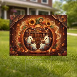 Wooden Pumpkin Library Ghosts Reading Books & Sunflowers - Autumn Halloween Home Decor Yard Sign
