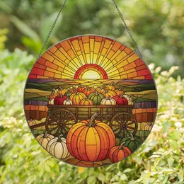 Pumpkin Wagon Autumn Landscape - Fall Harvest Home Decor Gift Stained Glass Suncatcher