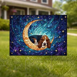 Basset Hound Moon Stained Glass Celestial Night Home Decor Gift Yard Sign