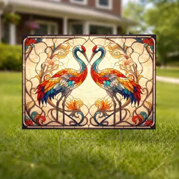 Stained Glass Embracing Cranes Art Nouveau Floral Vines - Wildlife Lover Home Decor Gift Yard Sign