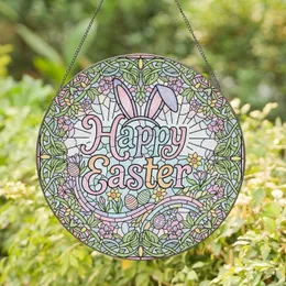 Happy Easter Phrase, Bunny Ears, Spring Flowers & Eggs, Leafy Vines Mosaic - Spring Holiday Decor Stained Glass Suncatcher