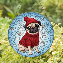 Pug Dog Red Sweater Beanie Paw Prints - Home Decor Gift for Dog Lovers Stained Glass Suncatcher