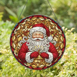 Santa Claus Golden Bell Wide Smile - Christmas Holiday Home Decor Gift Stained Glass Suncatcher