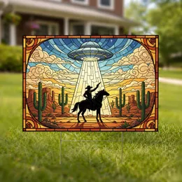 Stained Glass Cowboy Flying Saucer Desert Landscape Home Decor Gift Yard Sign