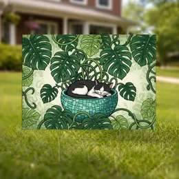 Tuxedo Cat Sleeping in Planter Monstera Leaves - Home Decor Gift for Cat Lover Yard Sign