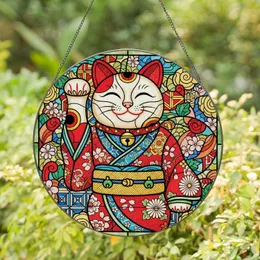Maneki-neko Beckoning Cat Japanese Floral Obi - Home Decor Gift for Cat Lover Stained Glass Suncatcher