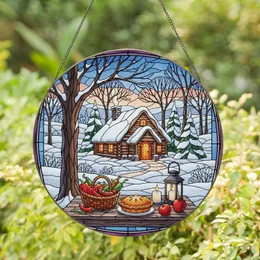 Snow-Covered Cabin Winter Landscape with Basket Pie Lantern - Rustic Home Decor Gift Stained Glass Suncatcher