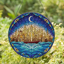 Night Cityscape Crescent Moon Boat Stars Waves - Home Decor Gift for Window Display Stained Glass Suncatcher