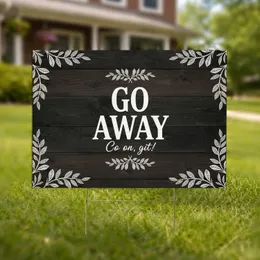Go Away Lettering Distressed Wood Planks Leafy Branch Outdoor Living Decor Yard Sign