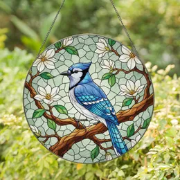 Blue Jay Bird White Blossoms Green Leaves Branch - Window Home Decor Gift for Bird Lover Stained Glass Suncatcher
