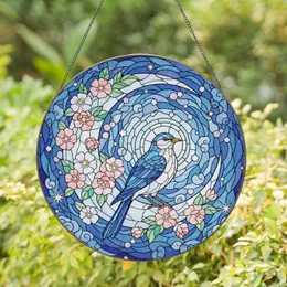 Vibrant Blue Bird Crescent Moon Flowers Starry Sky - Home Decor Gift for Wildlife Lovers Stained Glass Suncatcher