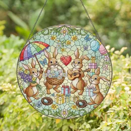 Brown Bunny Easter Eggs Spring Flowers - Easter Celebration Gift Stained Glass Suncatcher