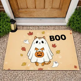 Striped Ginger Ghost Cat Pumpkin BOO Autumn Leaves - Halloween Party Cat Lover Gift Doormat
