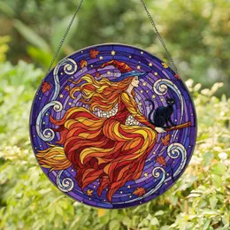 Flying Witch Black Cat Broom Autumn Leaves - Halloween Party Gift Stained Glass Suncatcher