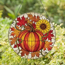 Pumpkin Autumnal Leaves Sunflower Vines - Fall Home Decor Gift Stained Glass Suncatcher