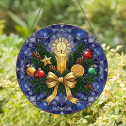 Lit Yellow Candle Pine Branch Ornaments Golden Bow - Christmas Gift Stained Glass Suncatcher