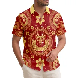 Golden Chinese Dragon Ocean Currents Tropical Blossoms Gold Borders - Home Decor Gift Hawaiian Shirt