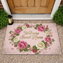 Welcome Sweet Home Script Pink Cream Roses Rosebuds Vines - Housewarming Home Gift Doormat
