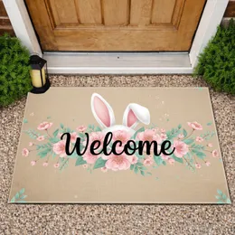 Welcome Bunny Ears Pink Flowers Mint Leaves Garland Home Decor Gift Doormat