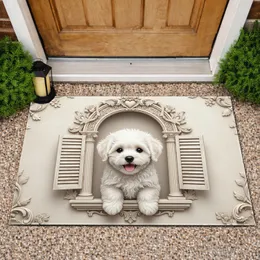 Fluffy Bichon Frise Puppy Arched Window Baroque Floral Home Decor Gift for Pet Owners Doormat