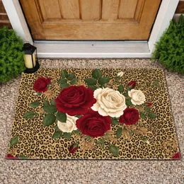Realistic Red Ivory Roses Animal Leopard Print Foliage Housewarming Gift Doormat