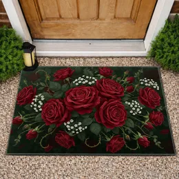 Red Roses White Baby's Breath Green Foliage Floral - Home Decor Gift for Floral Lovers Doormat