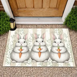 Three Rabbits Holding Carrots Botanical Sprigs Farmhouse Decor Gift for Rabbit Lover Doormat