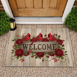 Vibrant Red Cardinal Birds Welcome Sign Blooming Roses Rustic Farmhouse Decor Gift Doormat