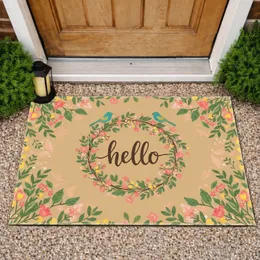 Hello Calligraphy Script Floral Wreath Teal Birds - Everyday Home Decor Gift Doormat