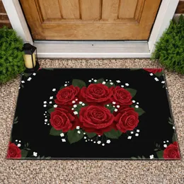 Deep Red Roses Bouquet Dark Green Foliage White Baby's Breath - Home Decor Gift Doormat